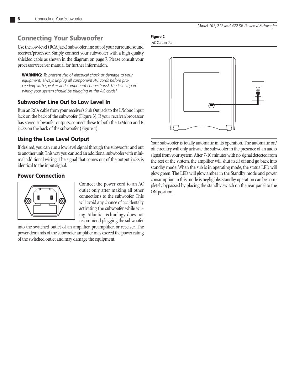 Connecting your subwoofer, Subwoofer line out to low level in, Using the low level output | Power connection | Atlantic Technology 102 SB User Manual | Page 6 / 12