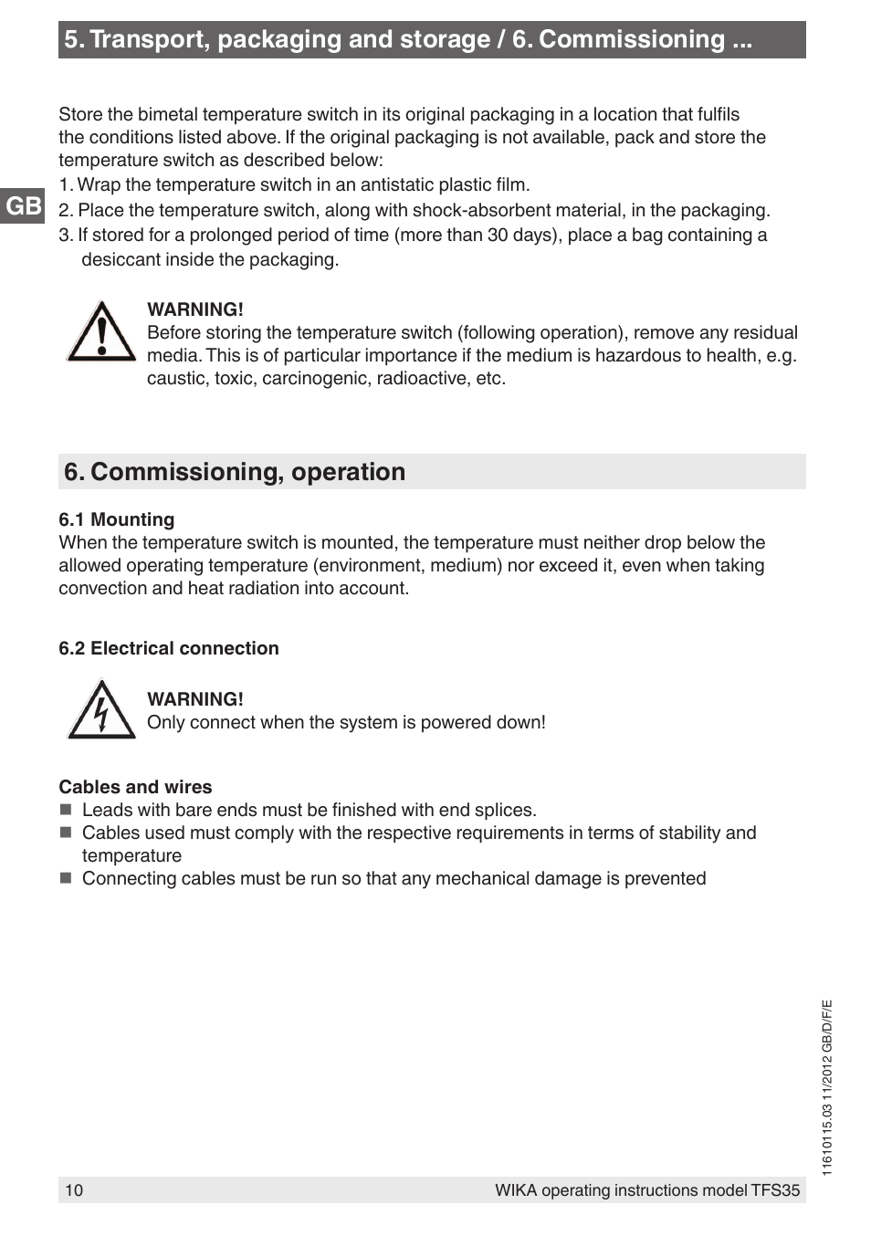 Commissioning, operation | WIKA TFS35 User Manual | Page 10 / 52