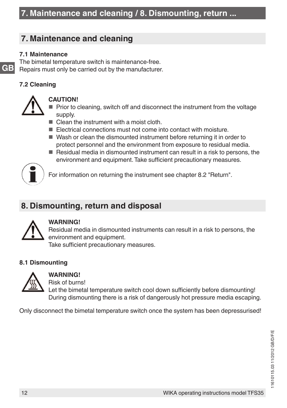 Dismounting, return and disposal | WIKA TFS35 User Manual | Page 12 / 52