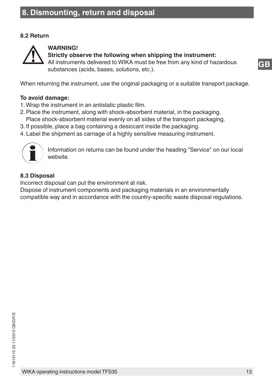 Gb 8. dismounting, return and disposal | WIKA TFS35 User Manual | Page 13 / 52