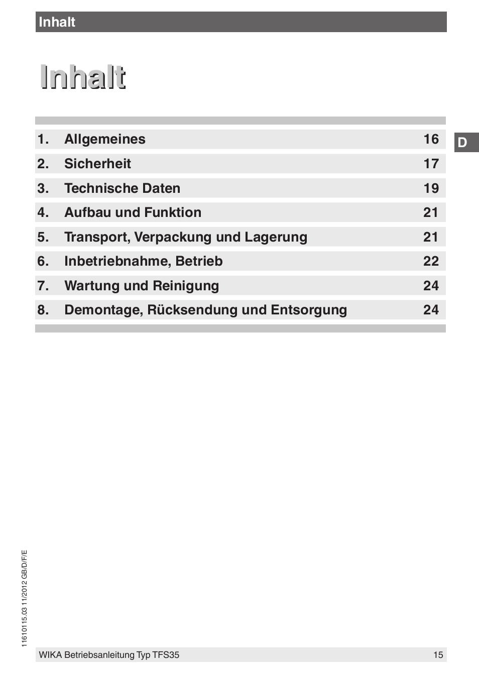 Inhalt | WIKA TFS35 User Manual | Page 15 / 52