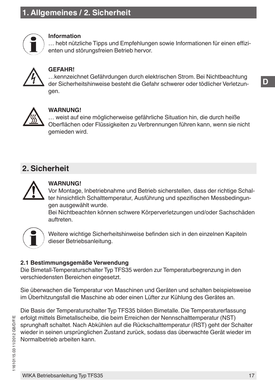 Allgemeines / 2. sicherheit, Sicherheit | WIKA TFS35 User Manual | Page 17 / 52