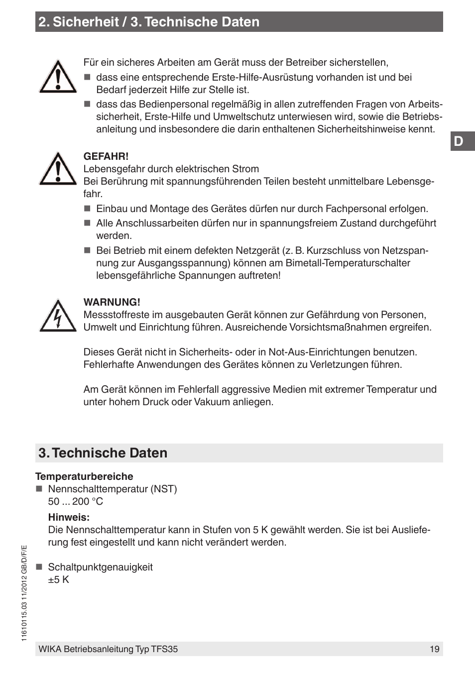Sicherheit / 3. technische daten, Technische daten | WIKA TFS35 User Manual | Page 19 / 52