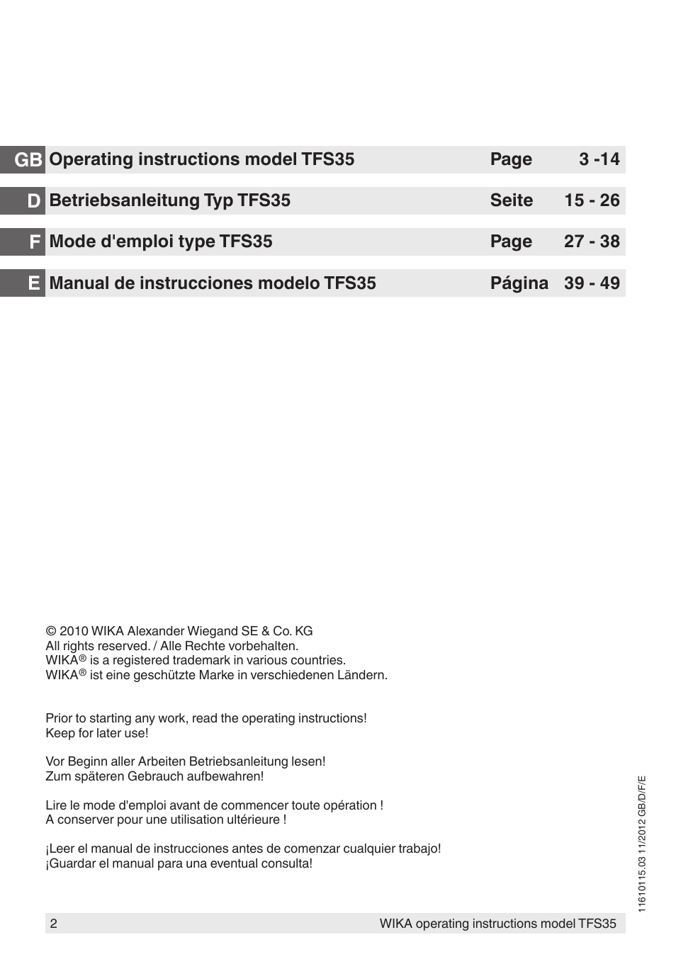Gb d f e | WIKA TFS35 User Manual | Page 2 / 52