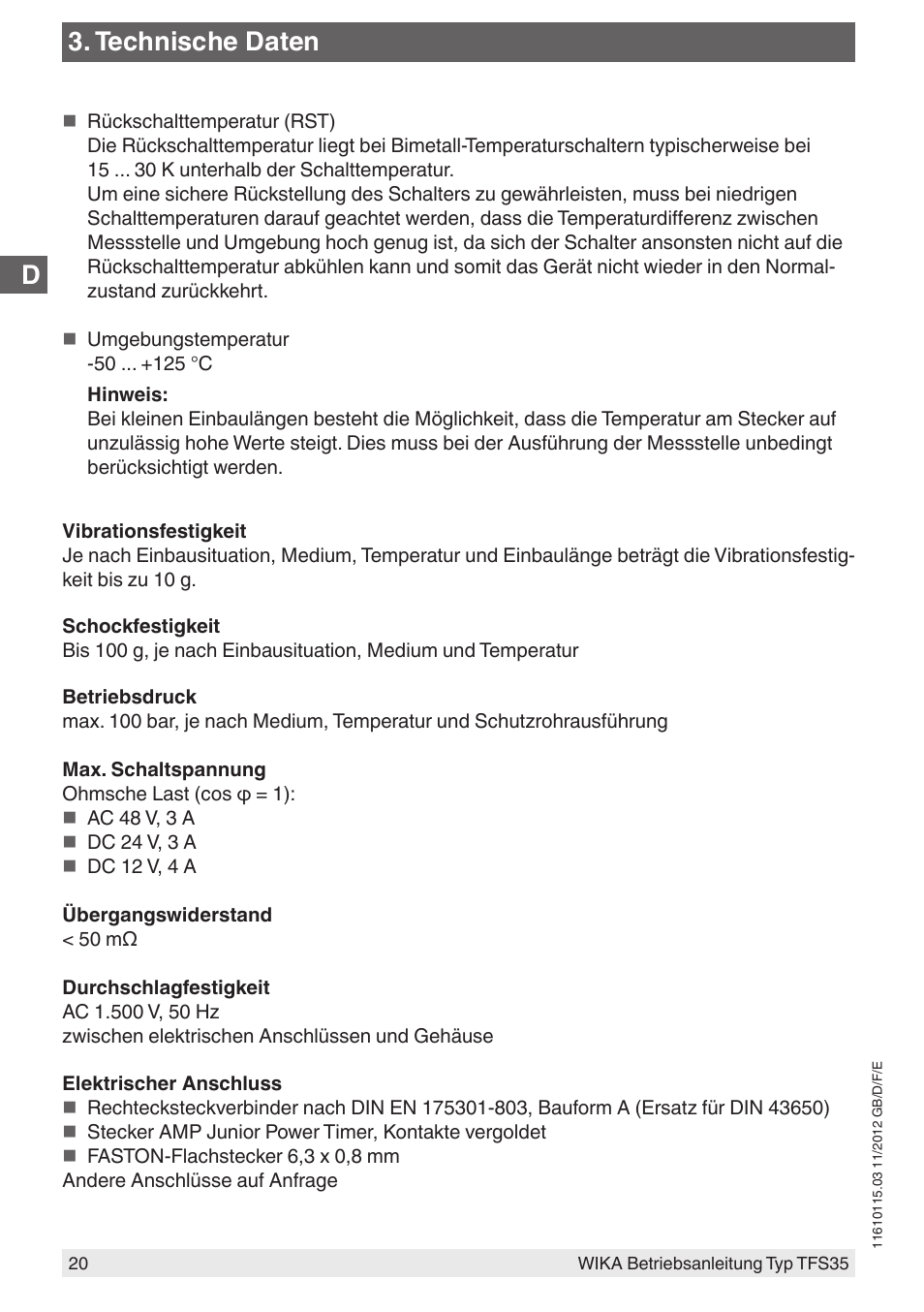 Technische daten | WIKA TFS35 User Manual | Page 20 / 52