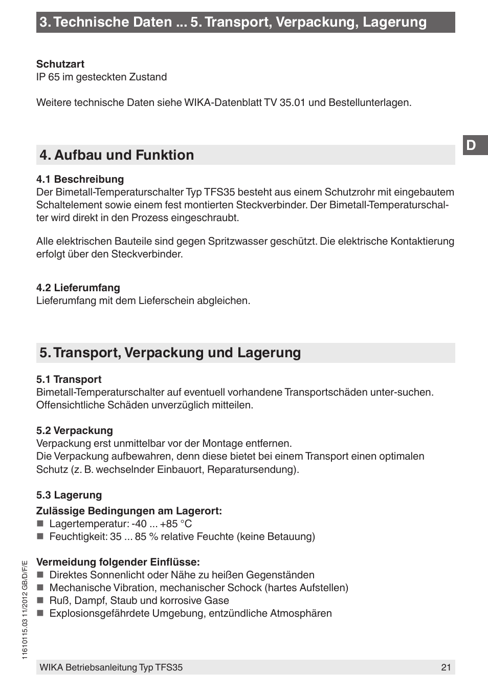 Technische daten . transport, verpackung, lagerung, Aufbau und funktion, Transport, verpackung und lagerung | WIKA TFS35 User Manual | Page 21 / 52