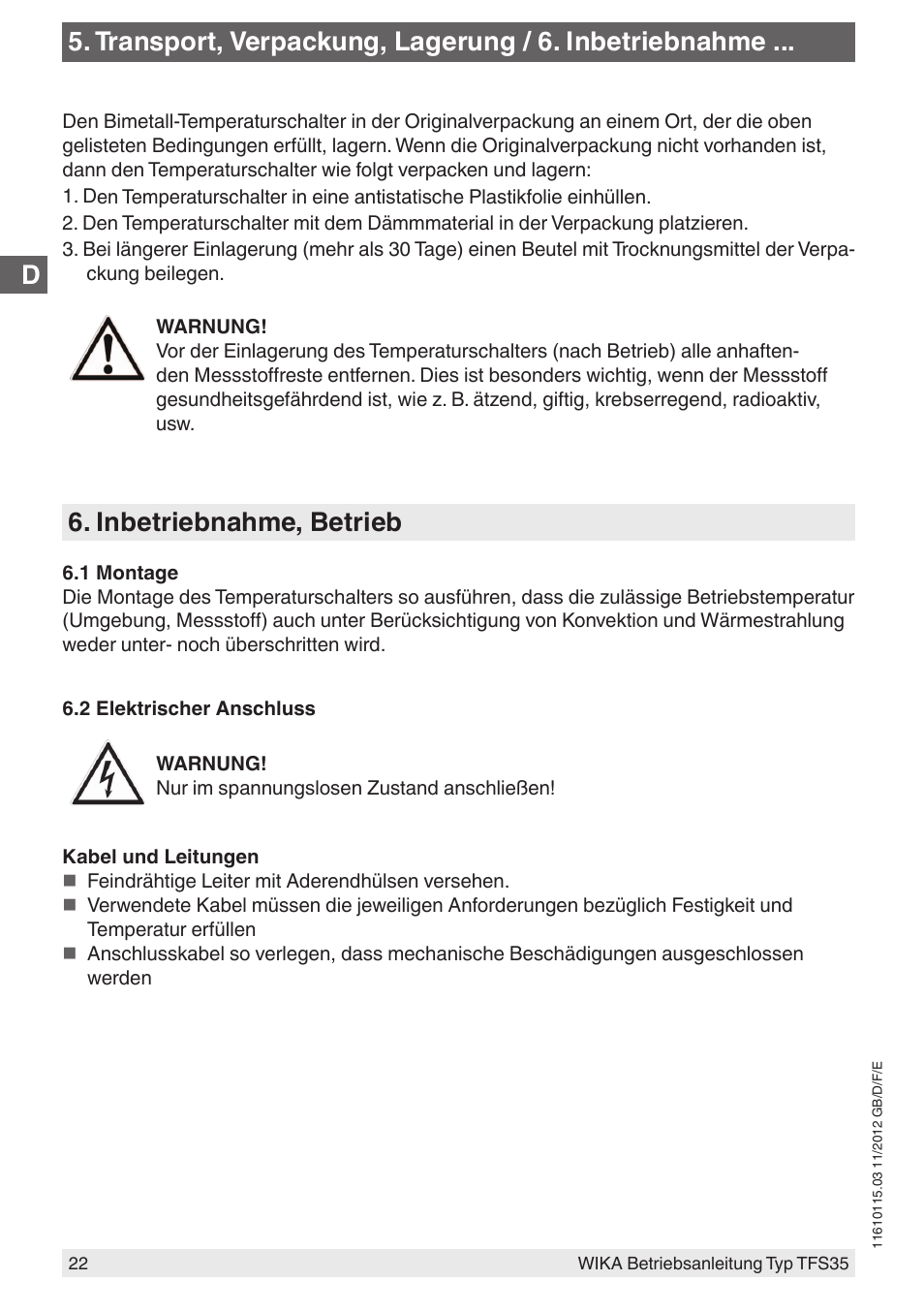 Inbetriebnahme, betrieb | WIKA TFS35 User Manual | Page 22 / 52