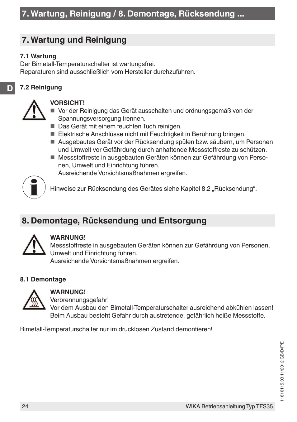 Demontage, rücksendung und entsorgung | WIKA TFS35 User Manual | Page 24 / 52