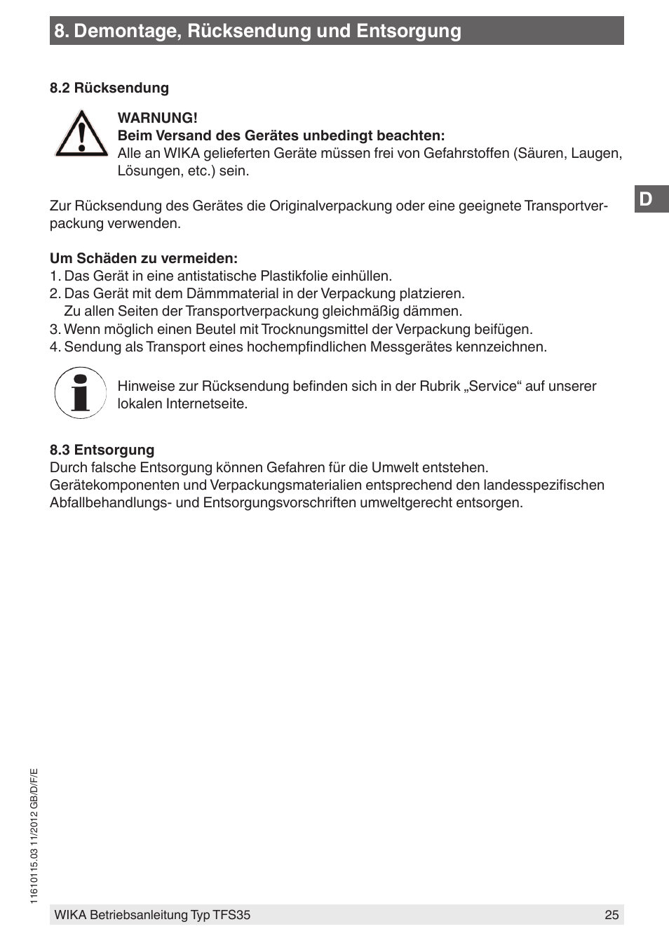 Demontage, rücksendung und entsorgung | WIKA TFS35 User Manual | Page 25 / 52