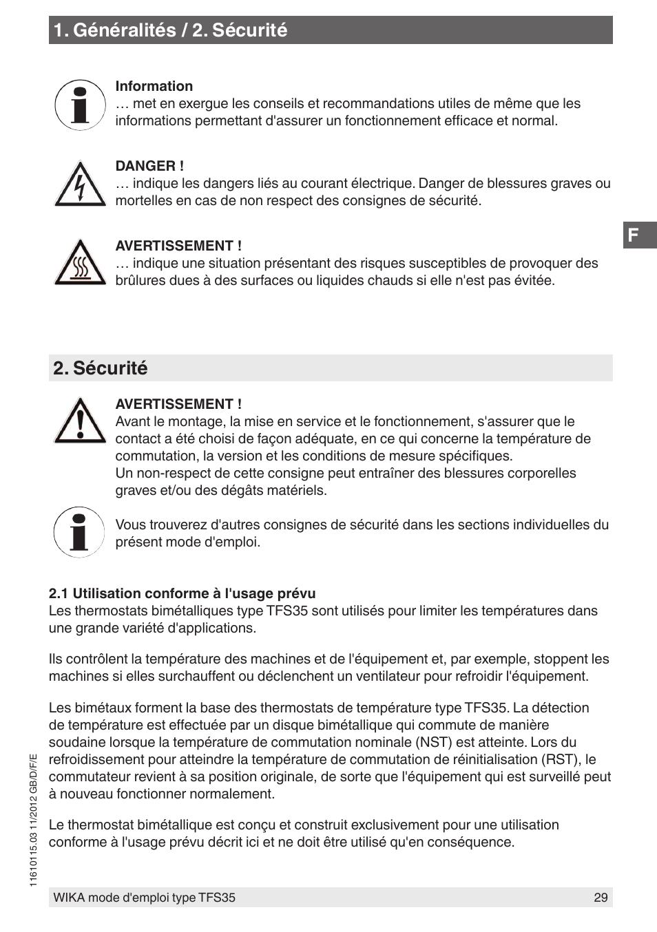 Généralités / 2. sécurité, Sécurité | WIKA TFS35 User Manual | Page 29 / 52