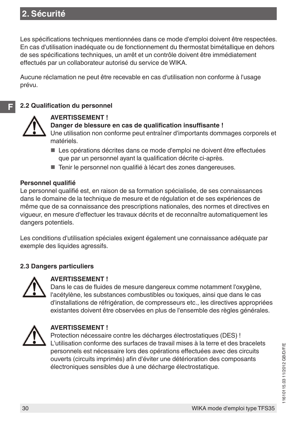 Sécurité | WIKA TFS35 User Manual | Page 30 / 52