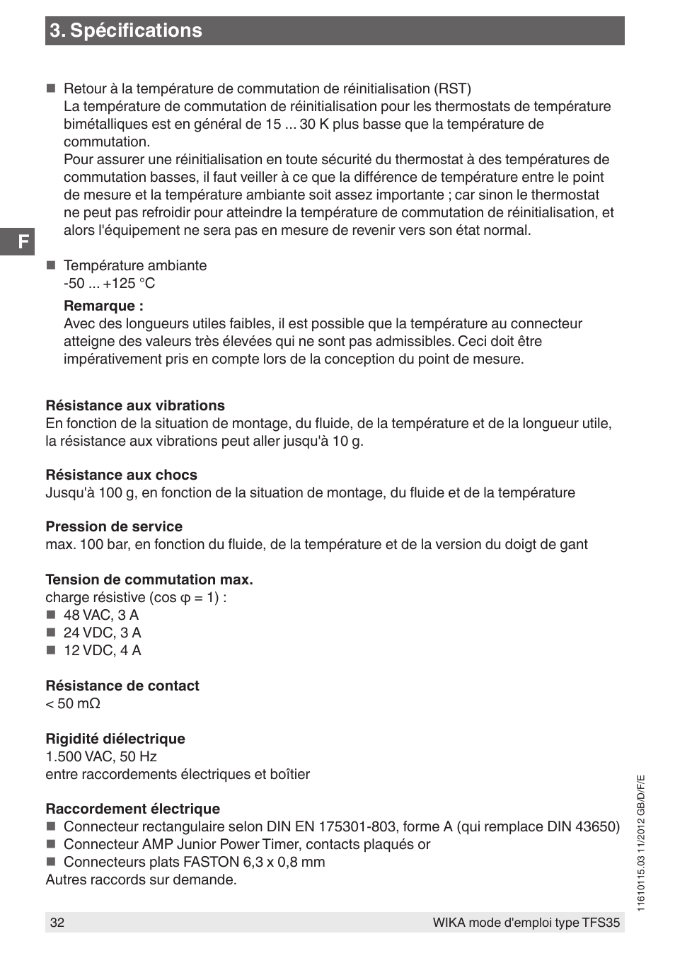 Spécifications | WIKA TFS35 User Manual | Page 32 / 52