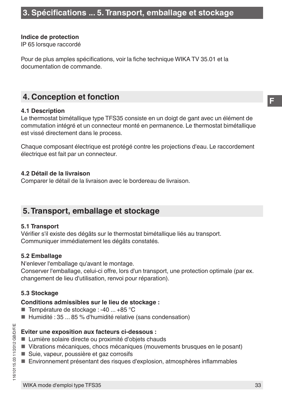 Spécifications . transport, emballage et stockage, Conception et fonction, Transport, emballage et stockage | WIKA TFS35 User Manual | Page 33 / 52