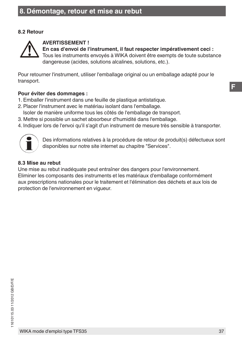 Démontage, retour et mise au rebut | WIKA TFS35 User Manual | Page 37 / 52