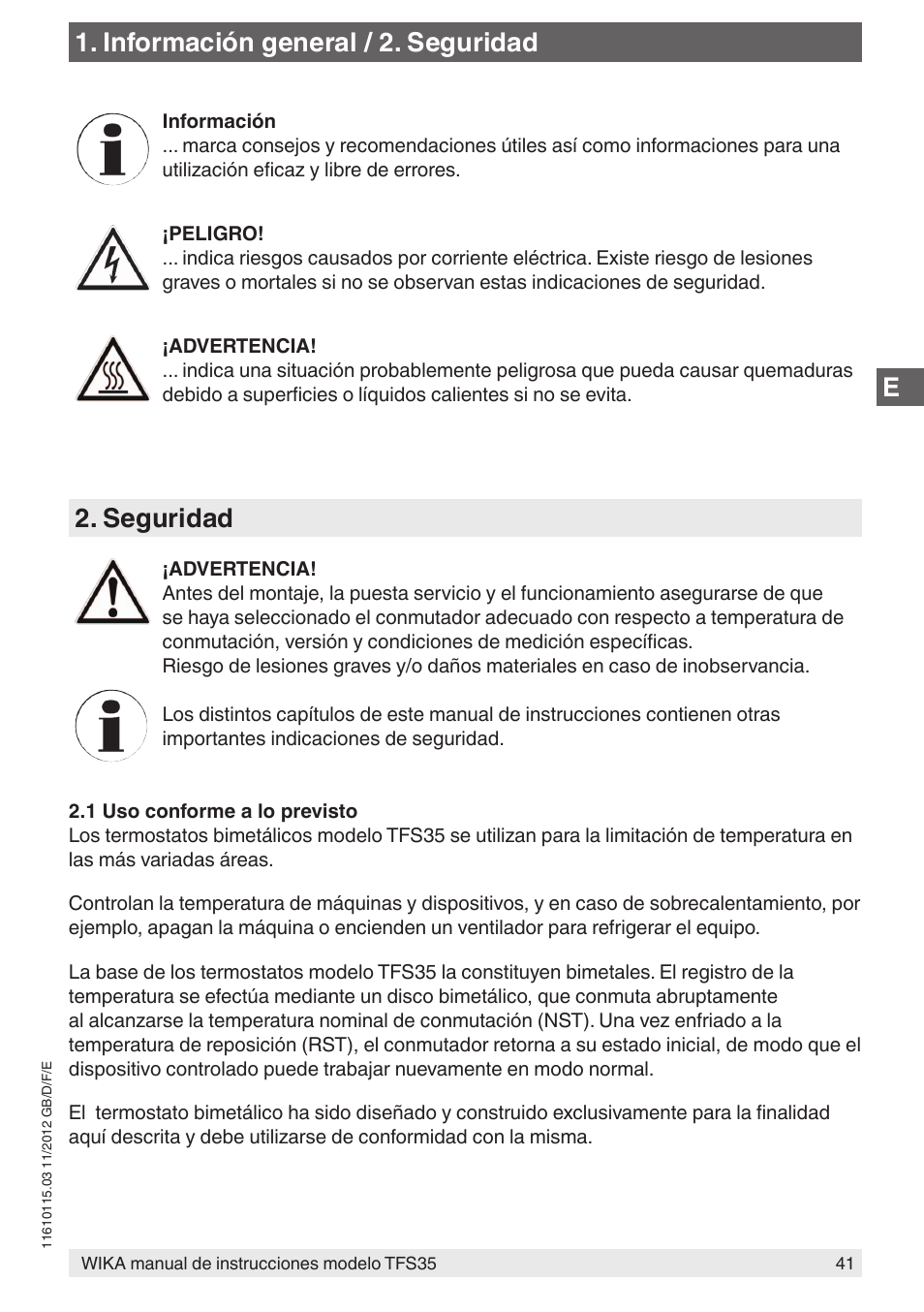 Información general / 2. seguridad, Seguridad | WIKA TFS35 User Manual | Page 41 / 52