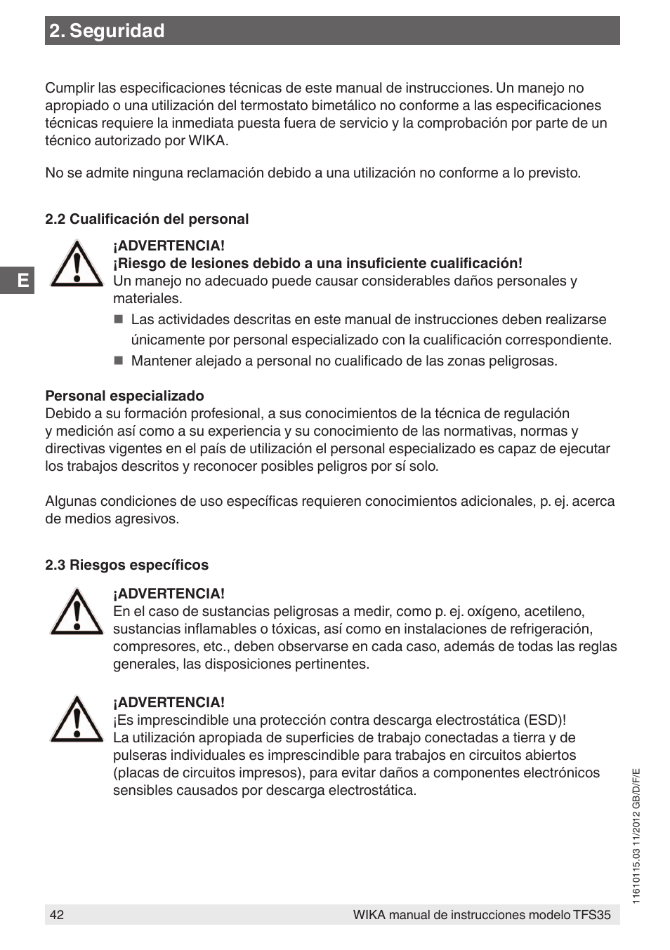 Seguridad | WIKA TFS35 User Manual | Page 42 / 52