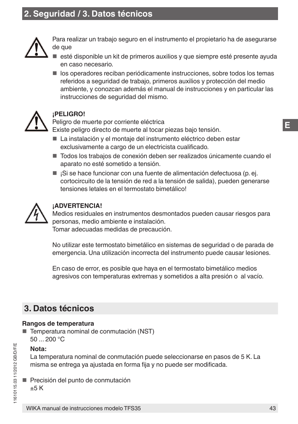 Seguridad / 3. datos técnicos, Datos técnicos | WIKA TFS35 User Manual | Page 43 / 52