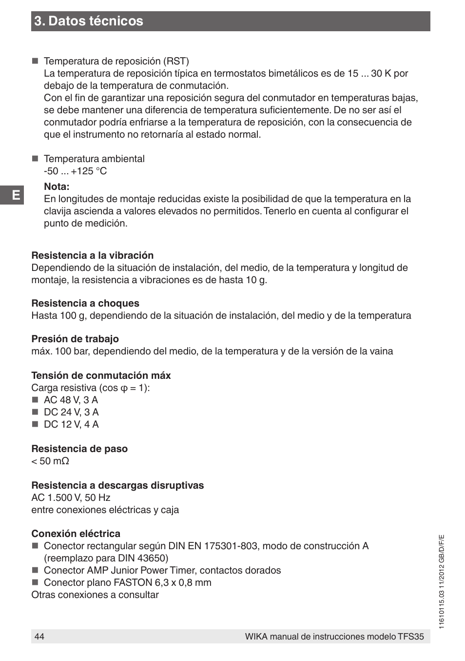 Datos técnicos | WIKA TFS35 User Manual | Page 44 / 52