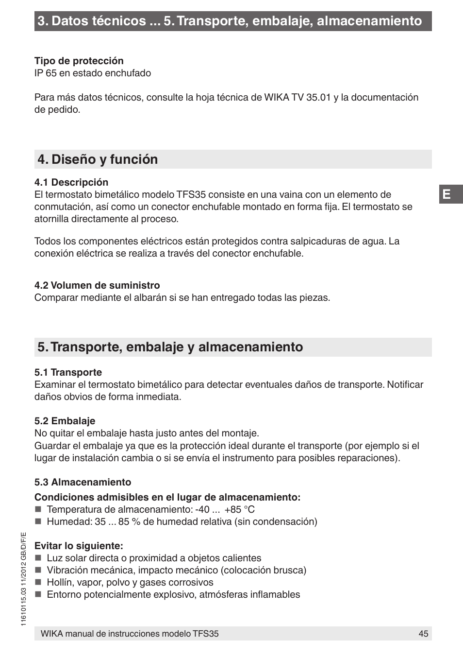 Diseño y función, Transporte, embalaje y almacenamiento | WIKA TFS35 User Manual | Page 45 / 52