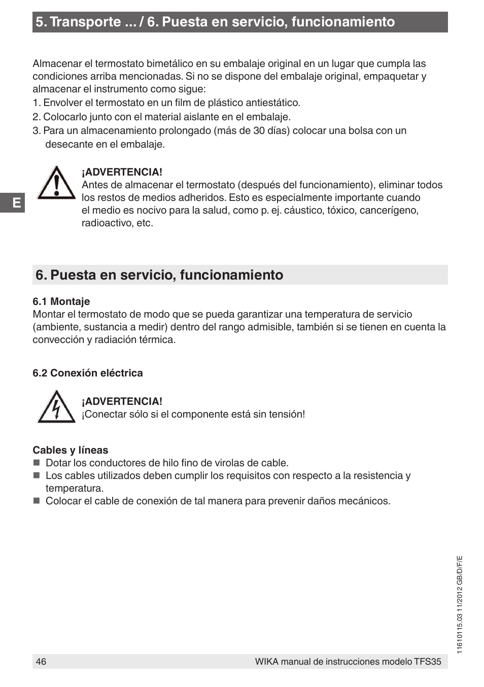 Puesta en servicio, funcionamiento | WIKA TFS35 User Manual | Page 46 / 52