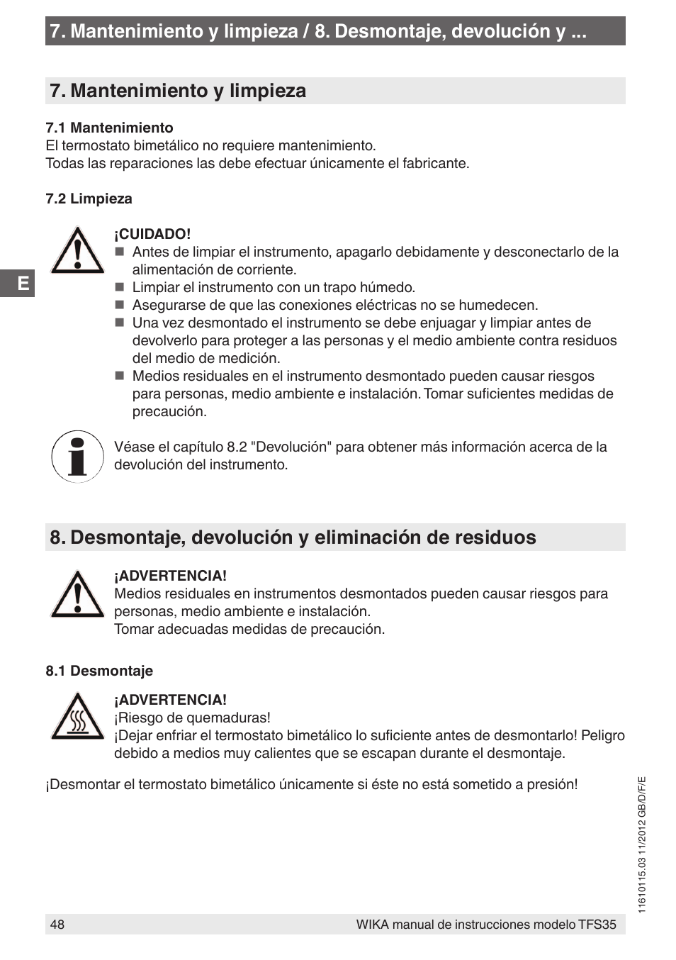 Desmontaje, devolución y eliminación de residuos | WIKA TFS35 User Manual | Page 48 / 52
