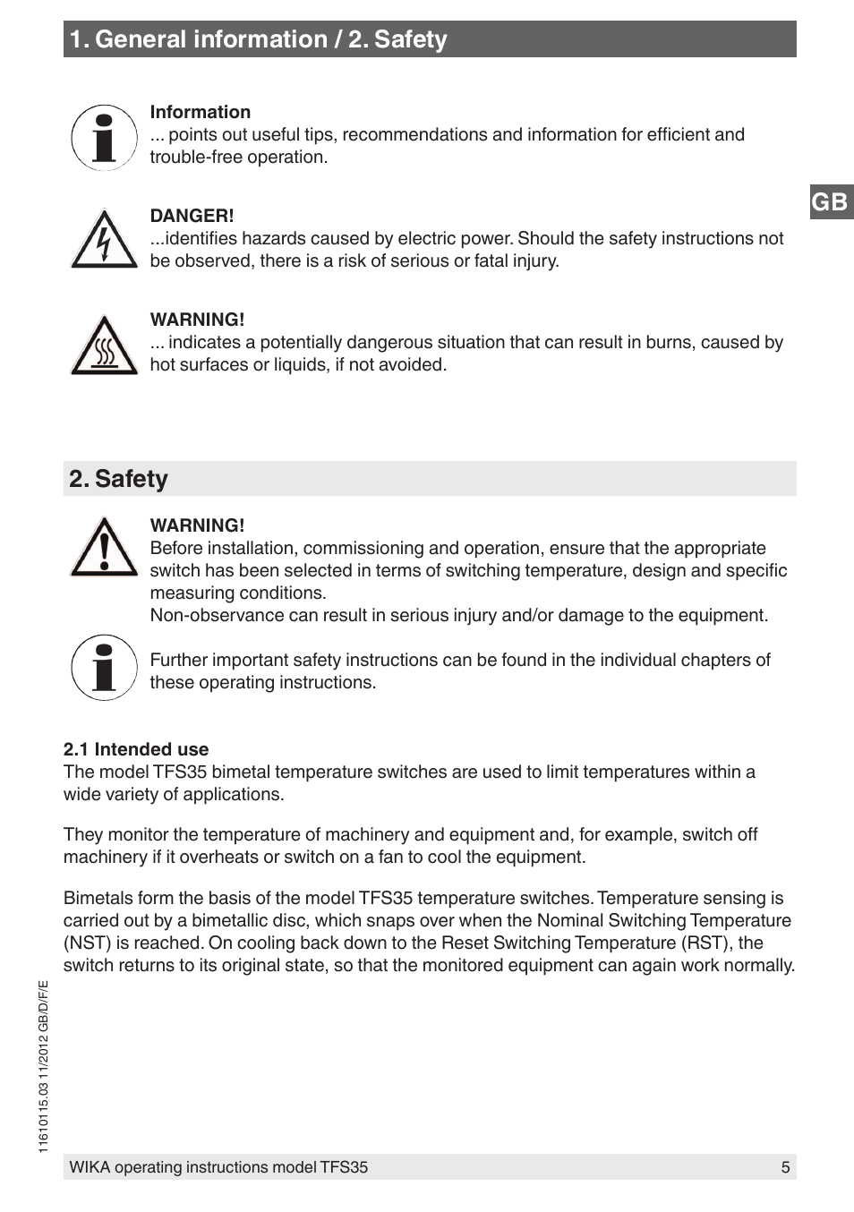 Gb 1. general information / 2. safety, Safety | WIKA TFS35 User Manual | Page 5 / 52