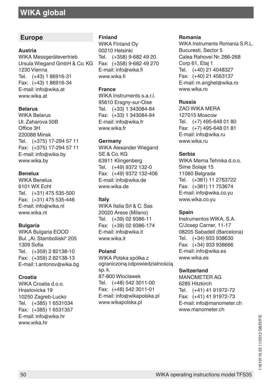 Wika global, Europe | WIKA TFS35 User Manual | Page 50 / 52
