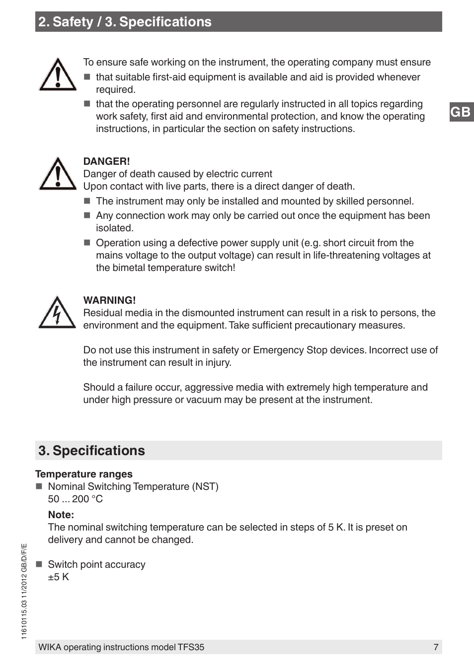 Gb 2. safety / 3. specifications, Specifications | WIKA TFS35 User Manual | Page 7 / 52