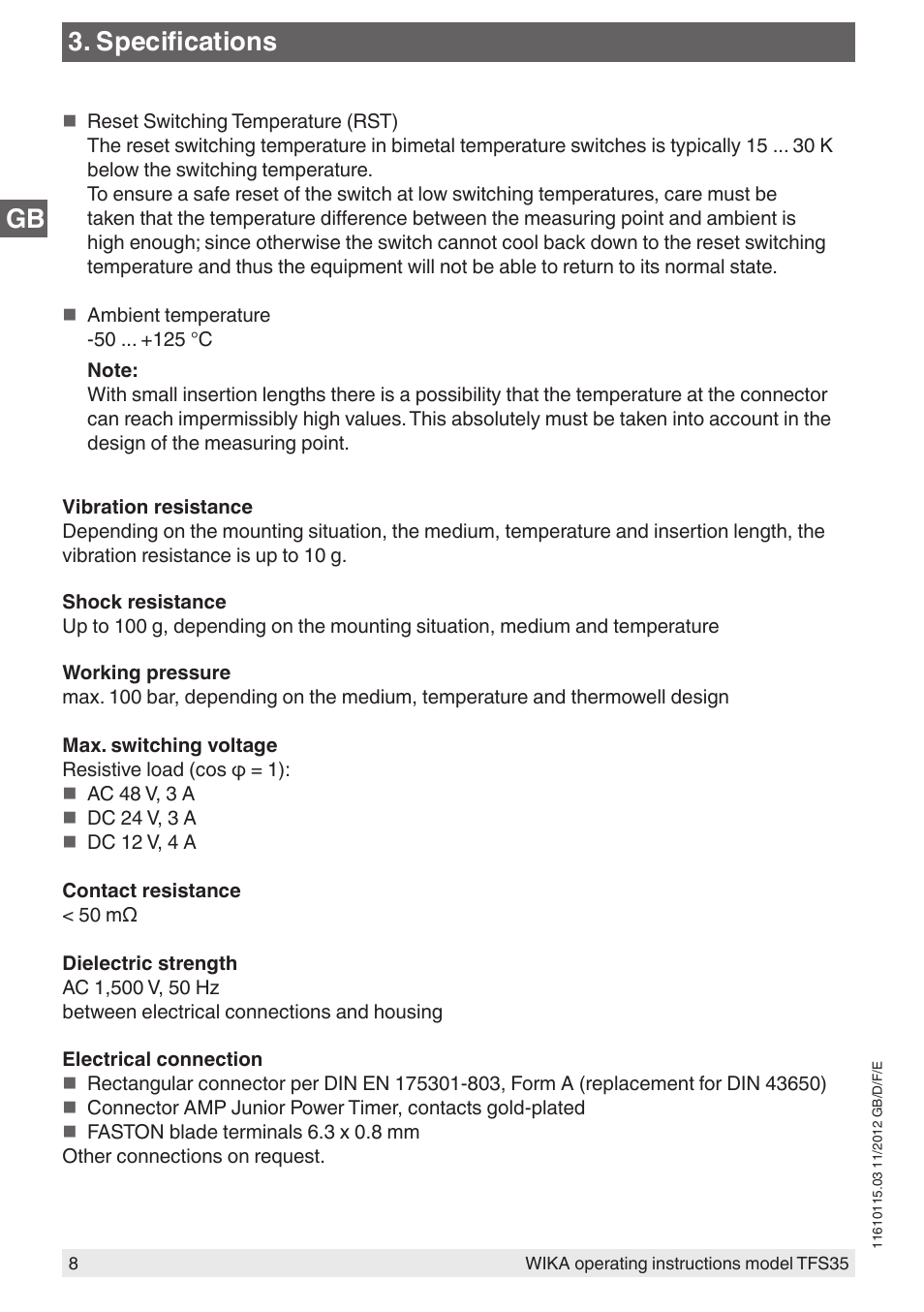 Specifications | WIKA TFS35 User Manual | Page 8 / 52