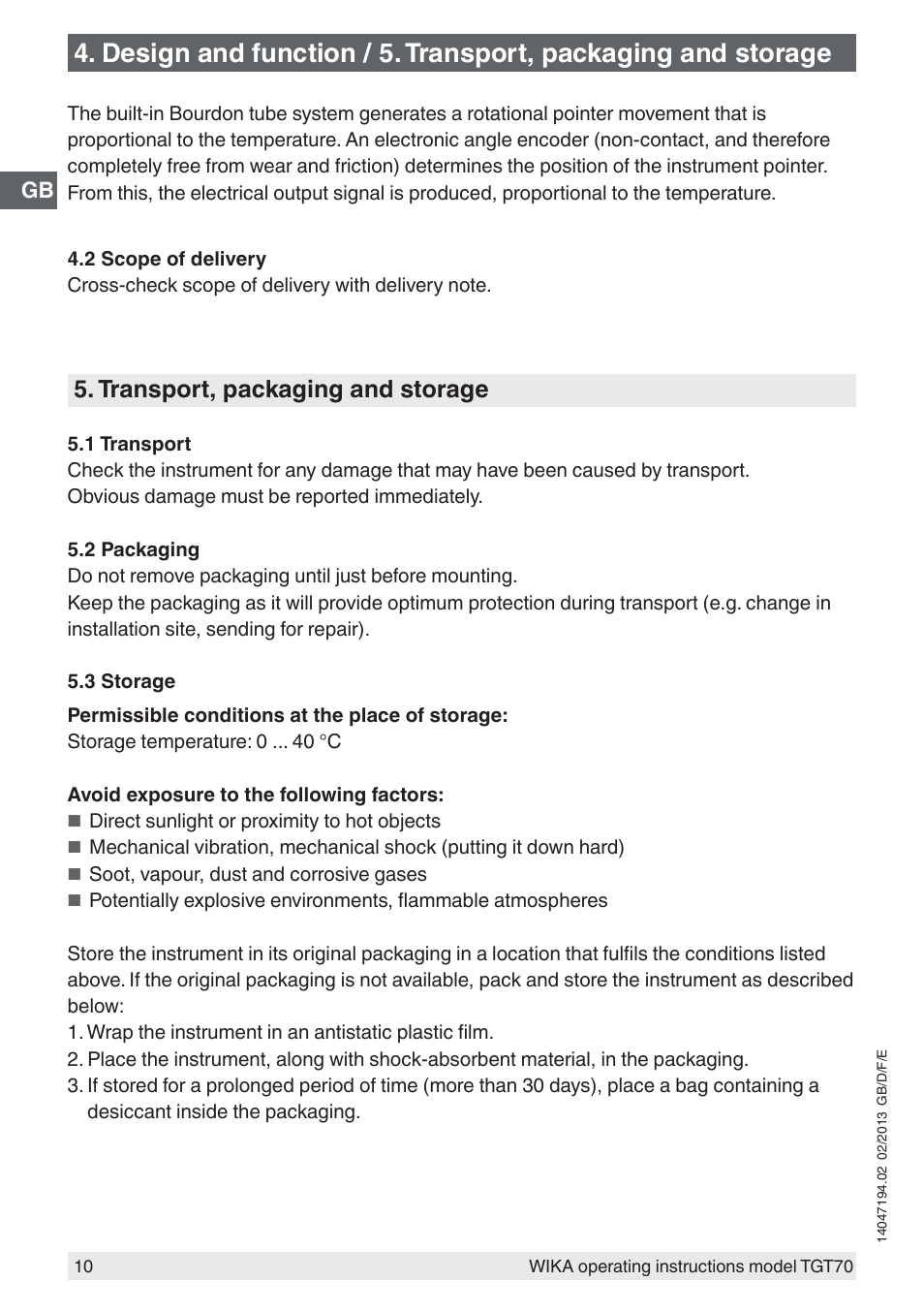 Transport, packaging and storage | WIKA TGT70 User Manual | Page 10 / 60