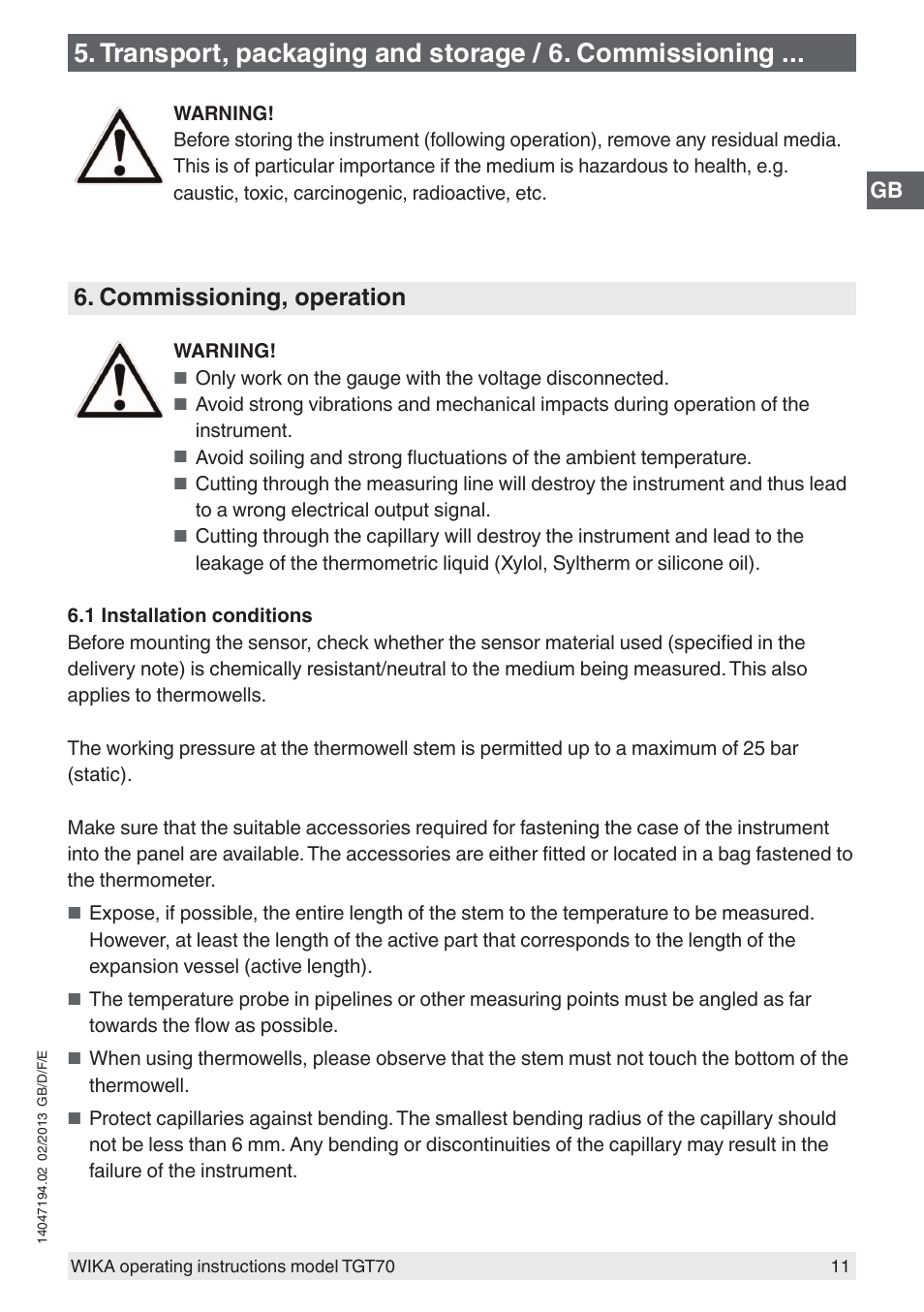 Commissioning, operation | WIKA TGT70 User Manual | Page 11 / 60