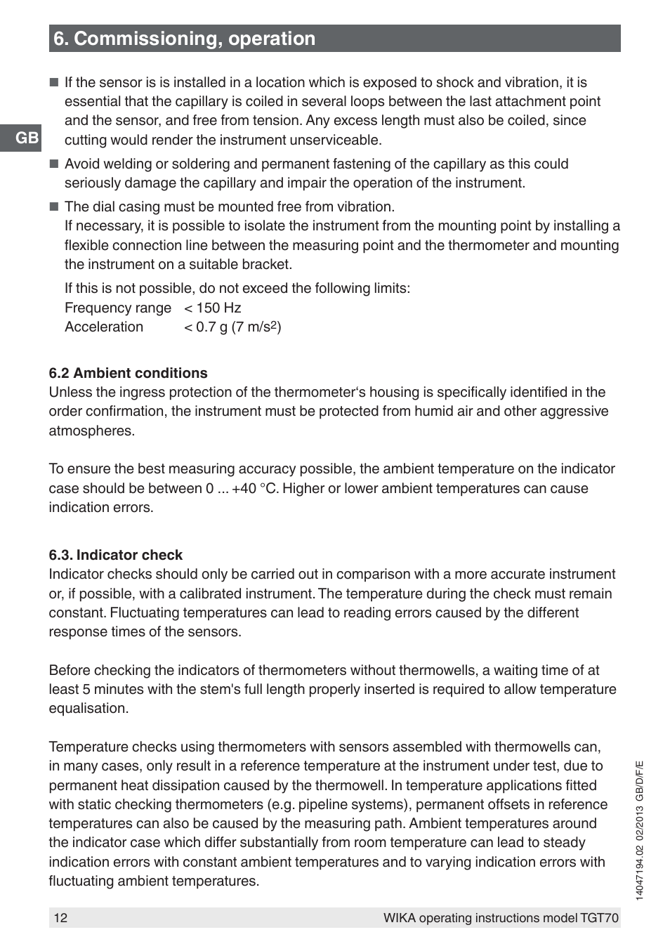 Commissioning, operation | WIKA TGT70 User Manual | Page 12 / 60