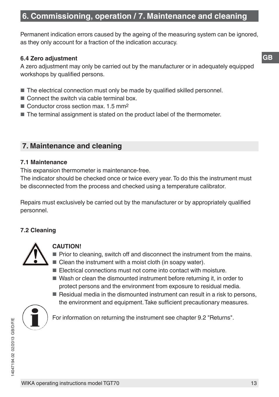 Maintenance and cleaning | WIKA TGT70 User Manual | Page 13 / 60