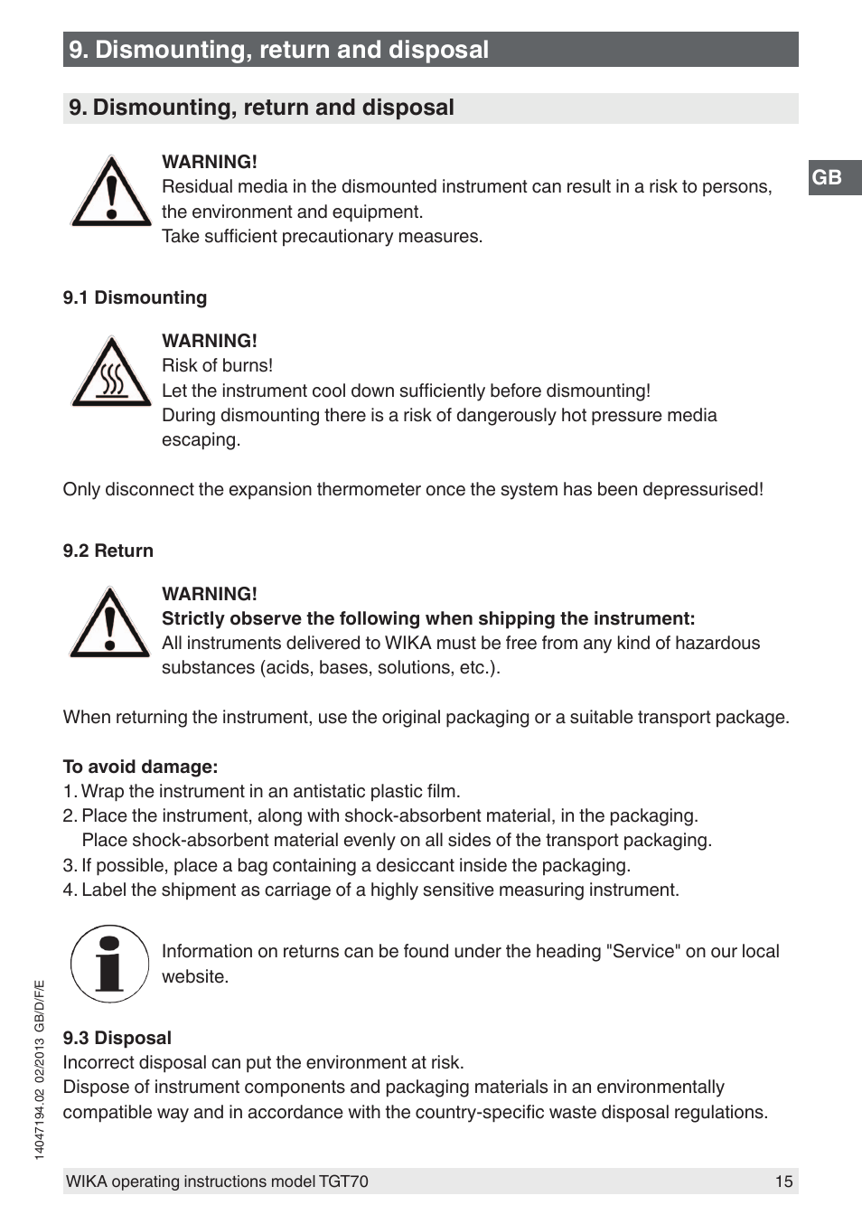 Dismounting, return and disposal | WIKA TGT70 User Manual | Page 15 / 60