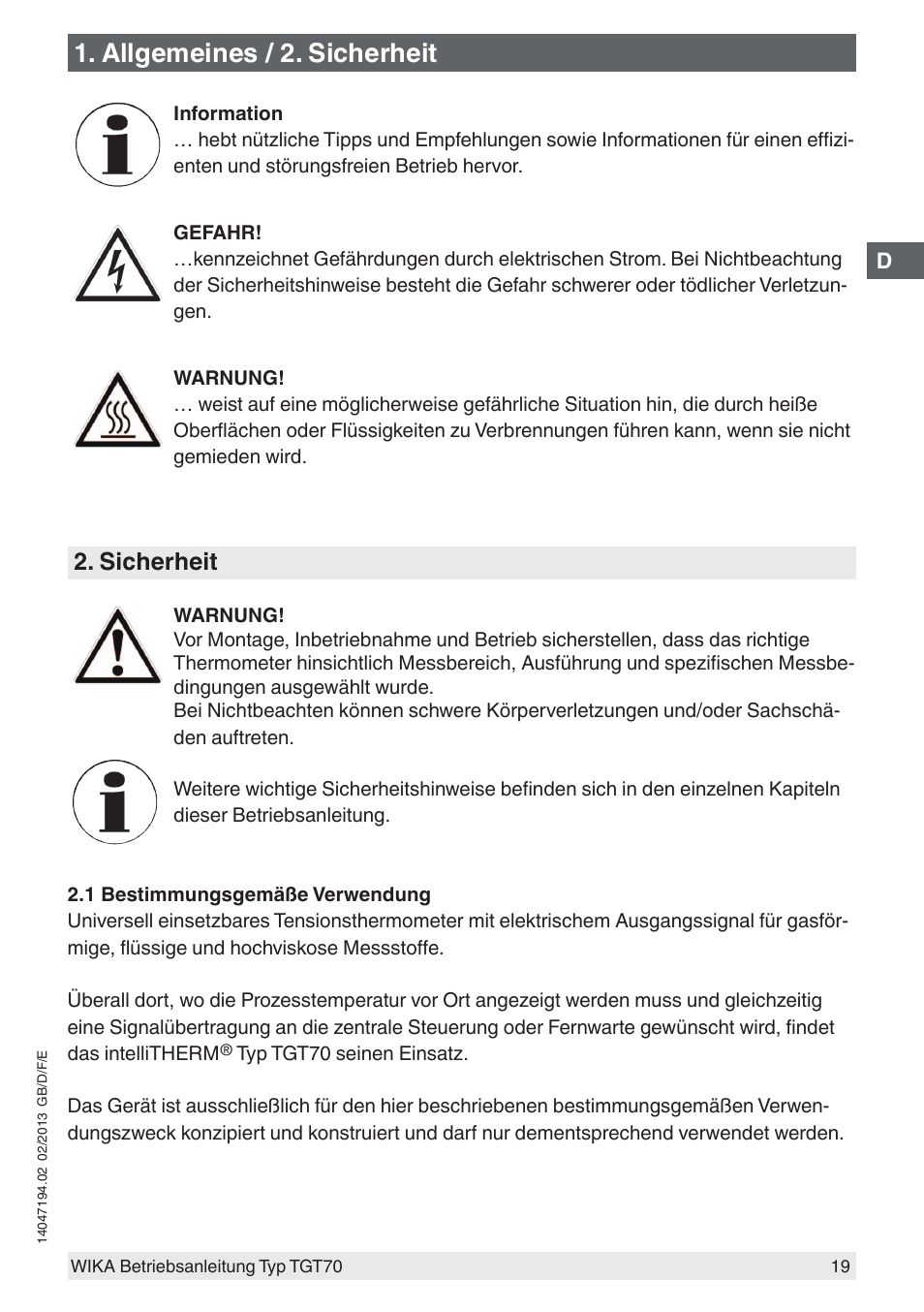 Allgemeines / 2. sicherheit, Sicherheit | WIKA TGT70 User Manual | Page 19 / 60