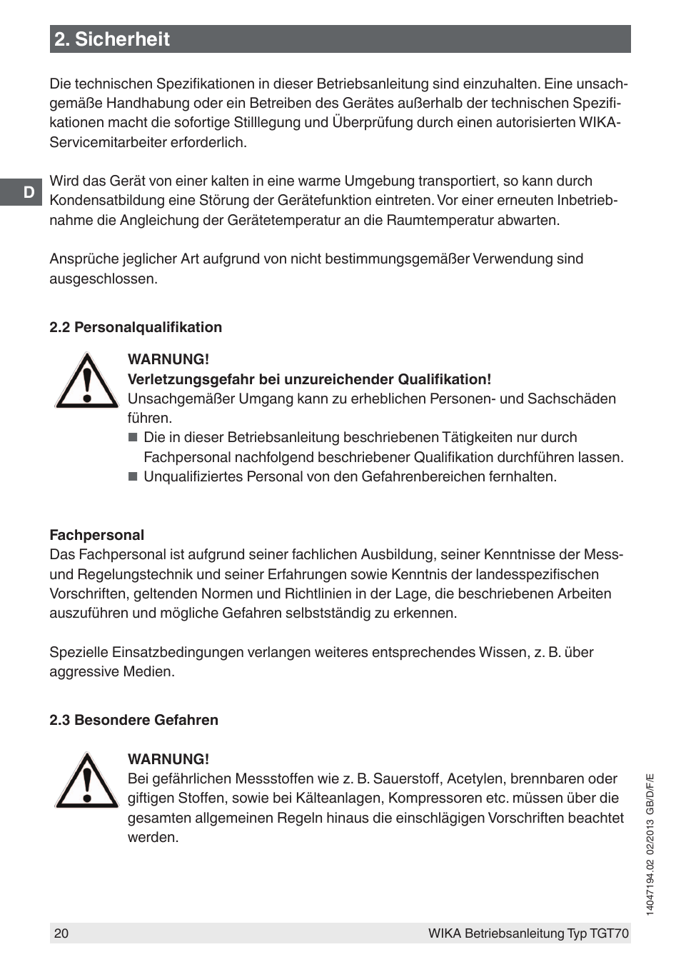 Sicherheit | WIKA TGT70 User Manual | Page 20 / 60