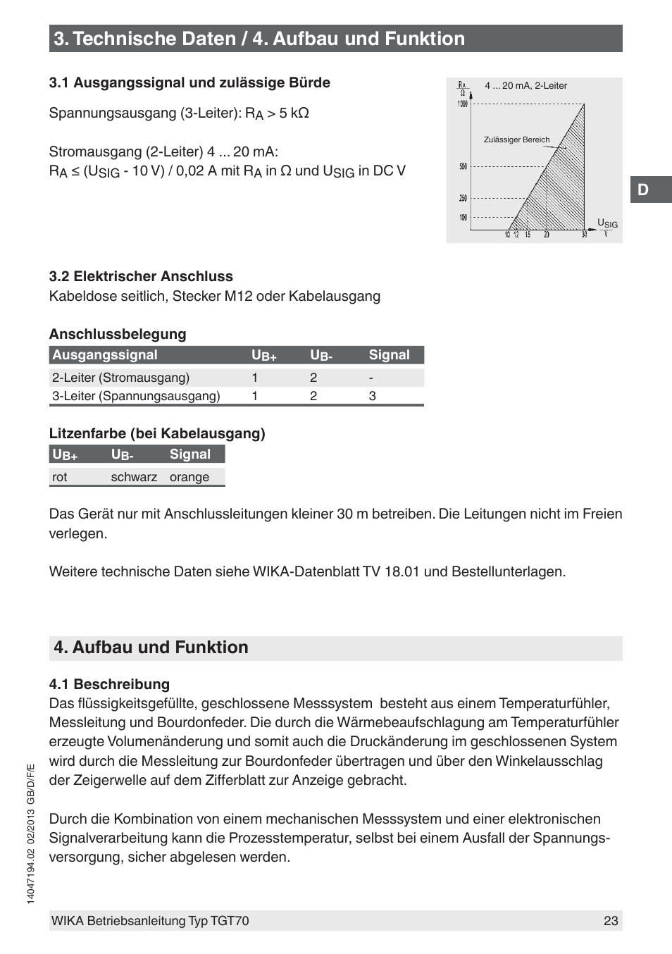 Technische daten / 4. aufbau und funktion, Aufbau und funktion | WIKA TGT70 User Manual | Page 23 / 60