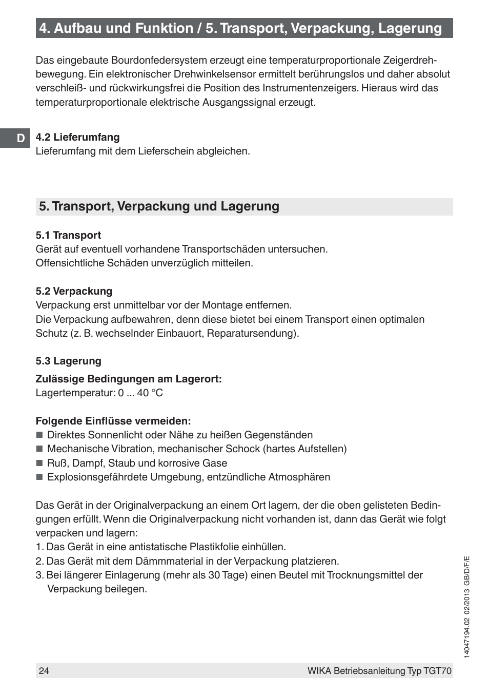 Transport, verpackung und lagerung | WIKA TGT70 User Manual | Page 24 / 60