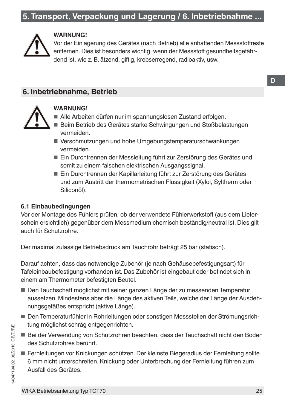 Inbetriebnahme, betrieb | WIKA TGT70 User Manual | Page 25 / 60