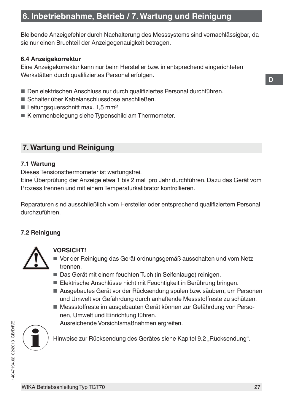 Inbetriebnahme, betrieb / 7. wartung und reinigung, Wartung und reinigung | WIKA TGT70 User Manual | Page 27 / 60