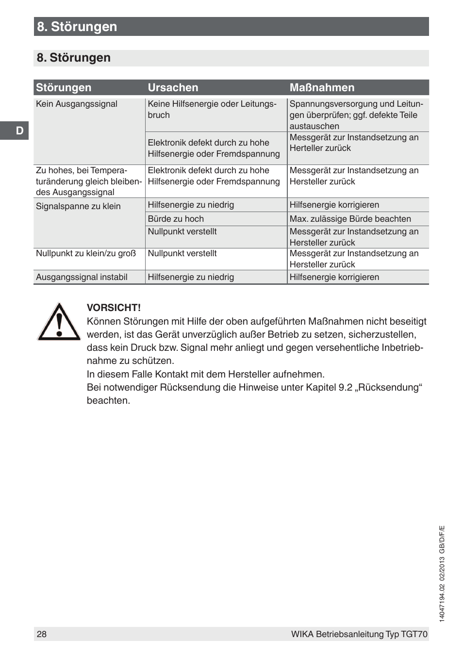 Störungen | WIKA TGT70 User Manual | Page 28 / 60