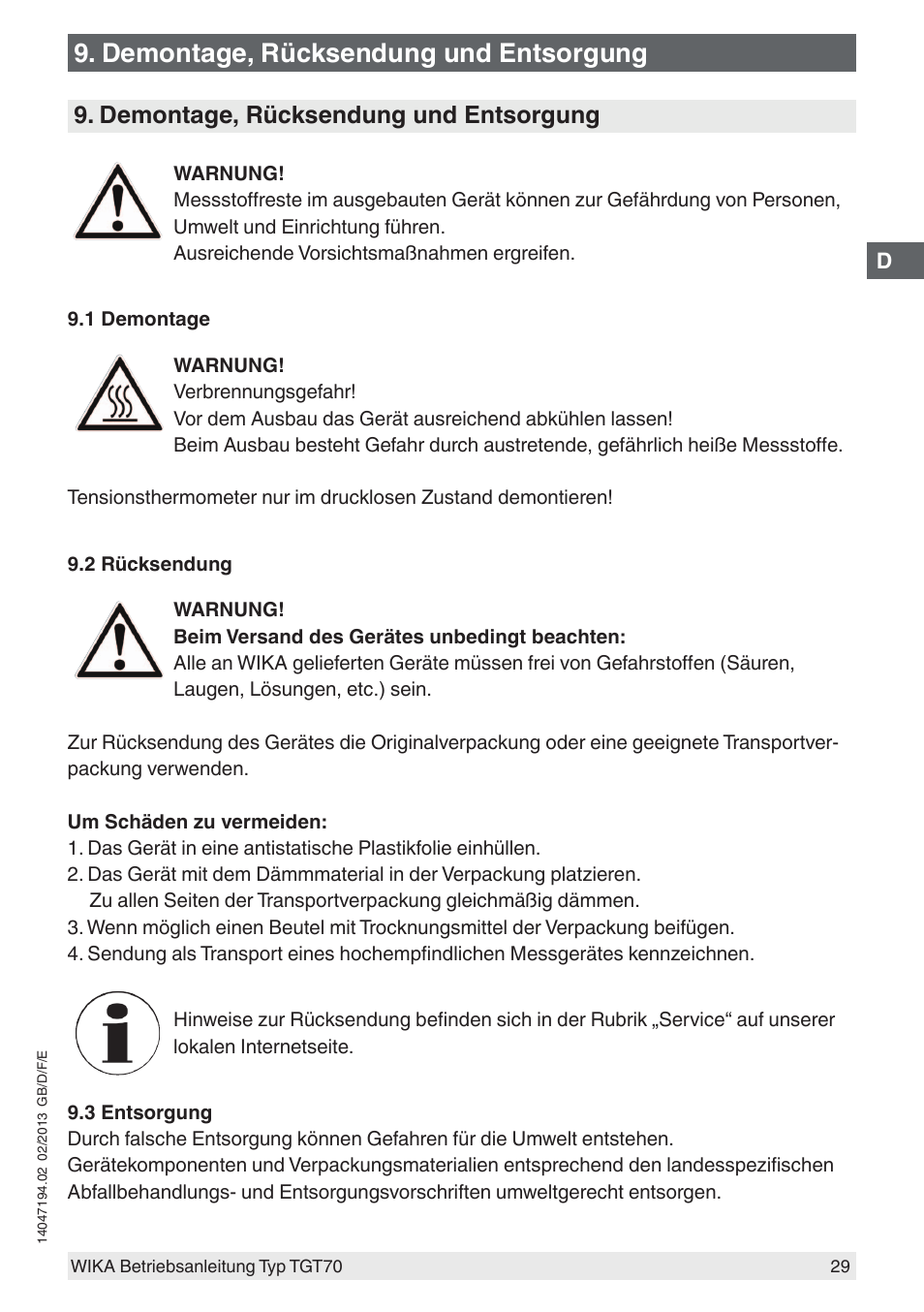 Demontage, rücksendung und entsorgung | WIKA TGT70 User Manual | Page 29 / 60