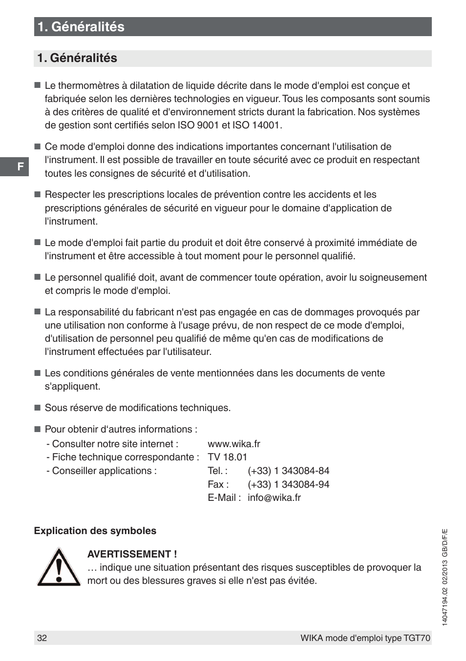 Généralités | WIKA TGT70 User Manual | Page 32 / 60