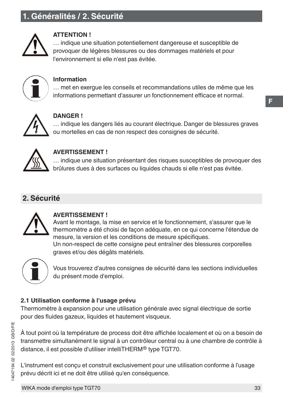 Généralités / 2. sécurité, Sécurité | WIKA TGT70 User Manual | Page 33 / 60