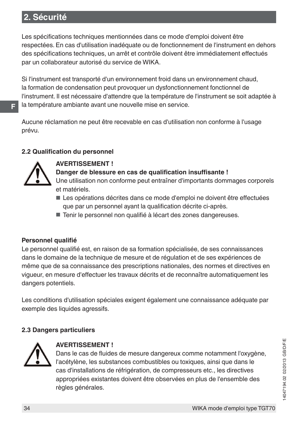 Sécurité | WIKA TGT70 User Manual | Page 34 / 60