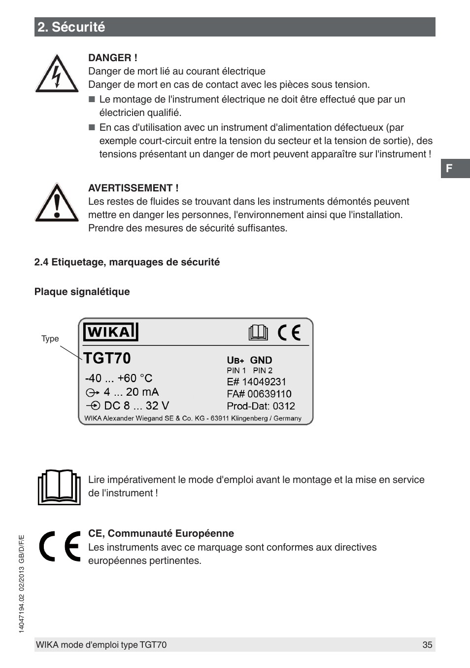 Sécurité | WIKA TGT70 User Manual | Page 35 / 60