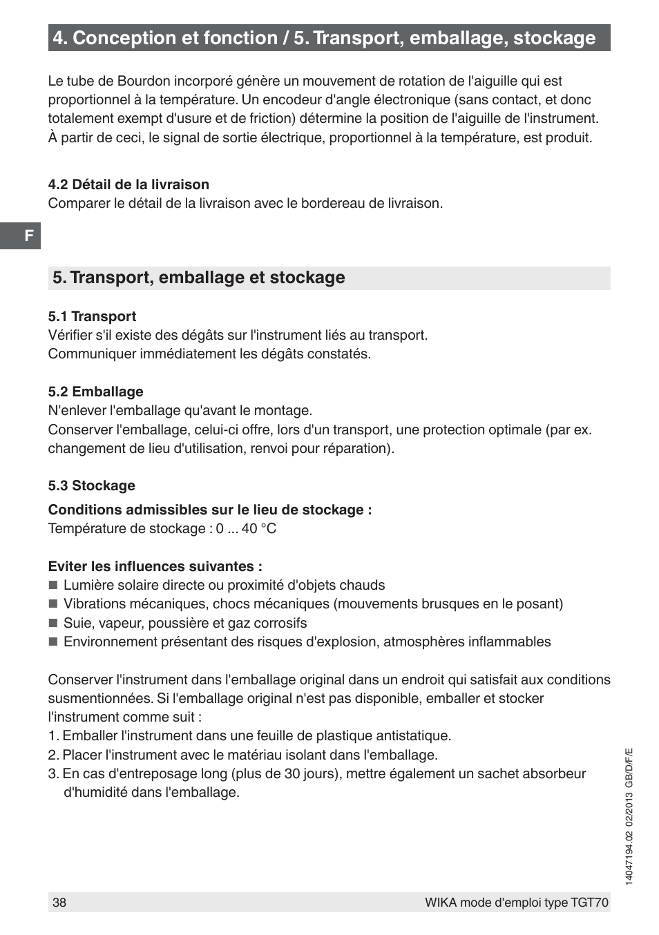 Transport, emballage et stockage | WIKA TGT70 User Manual | Page 38 / 60