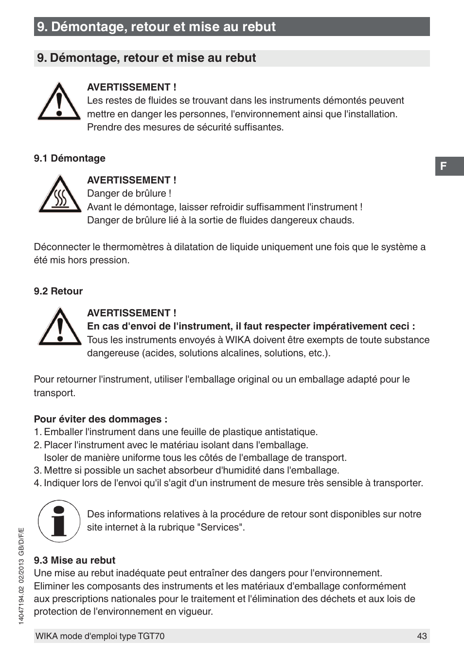 Démontage, retour et mise au rebut | WIKA TGT70 User Manual | Page 43 / 60