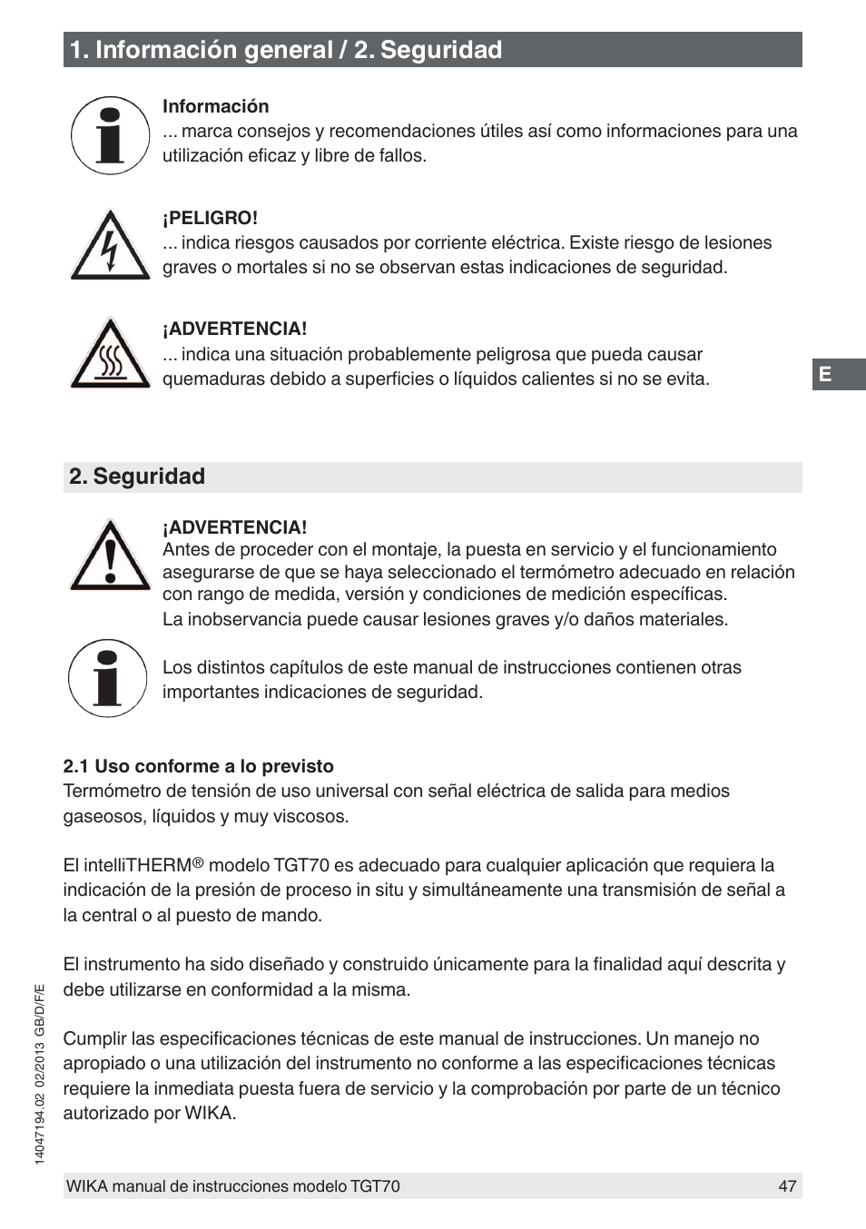 Información general / 2. seguridad, Seguridad | WIKA TGT70 User Manual | Page 47 / 60