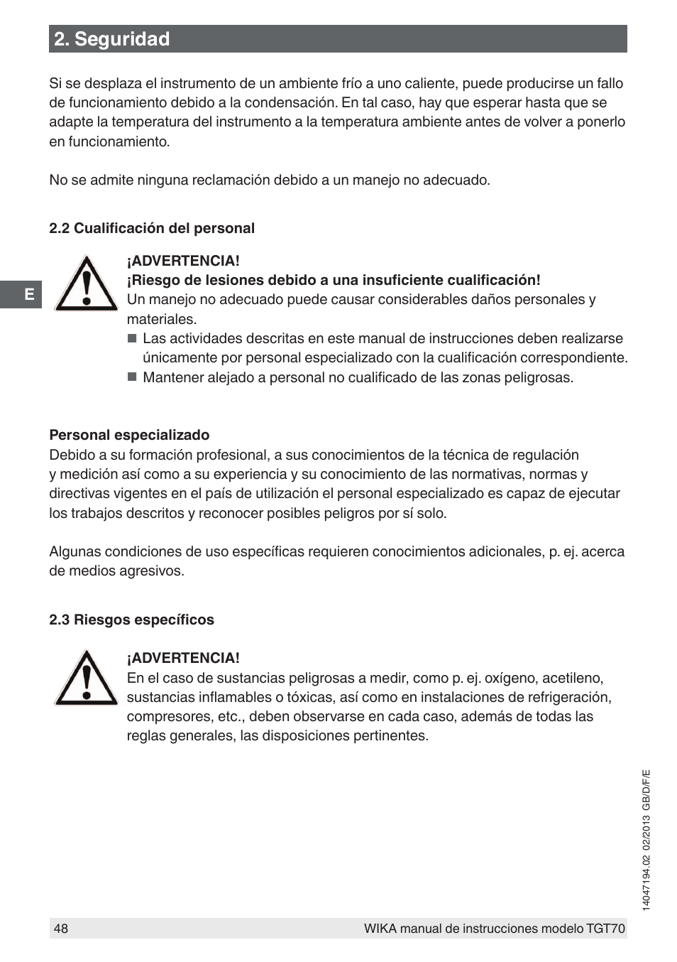 Seguridad | WIKA TGT70 User Manual | Page 48 / 60